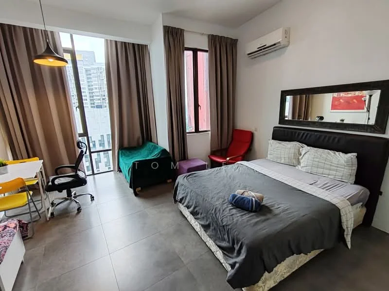 Bedroom features: king-size bed with grey bedding, upholstered headboard, 2 bedside lamps, floor-to-ceiling windows, curtains, air conditioning unit, study desk with chair, red armchair, grey tiled flooring, decorative wall mirror; style: modern; view: city.