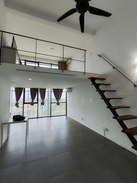 Living features: large floor-to-ceiling windows, grey tiled flooring, white painted walls, exposed brick wall, 5-blade ceiling fan, curtains, open staircase with wooden steps, metal railing, dining table, view of city skyline; style: modern; view: city. Room features: loft area with railing, window in loft area, air conditioning unit.