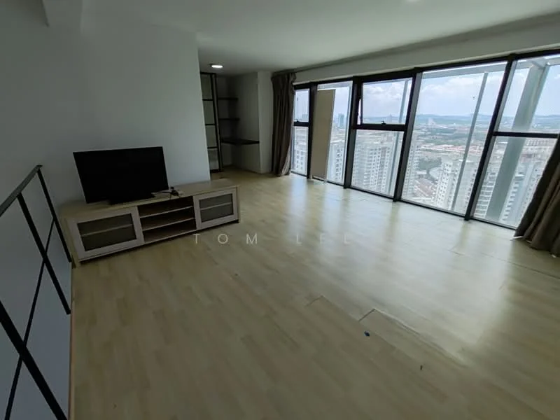 Living features: laminate flooring, white painted walls, floor-to-ceiling windows, city view, TV console, wall-mounted TV, curtains, open layout; style: modern; view: city.