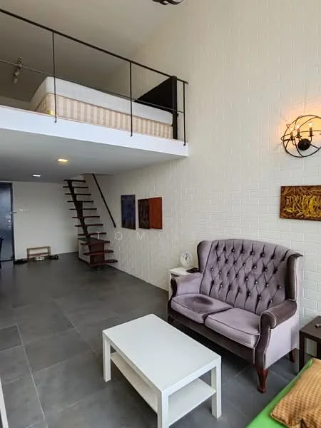 Living features: grey tile flooring, white painted walls, sofa with tufted upholstery in purple, white coffee table, staircase with wooden steps and metal railing, decorative wall art, recessed downlights, high ceiling; style: modern. Room features: mattress on lofted bed, open space above living area.
