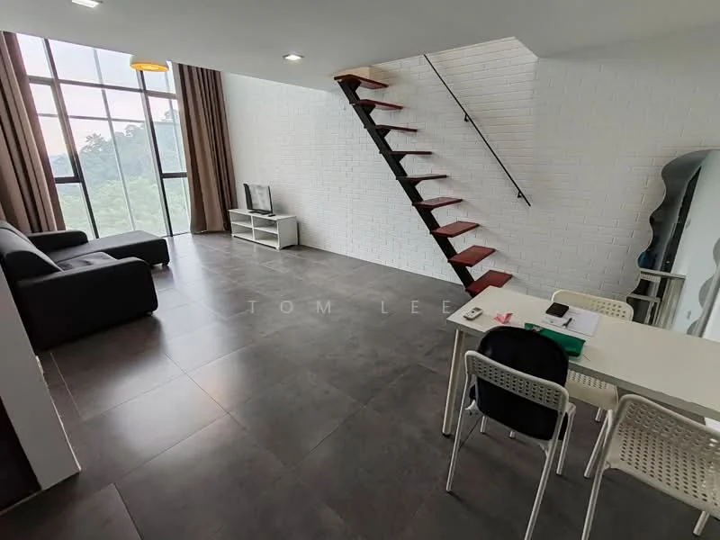 Living features: grey fabric sofa, white brick accent wall, large floor-to-ceiling windows, brown curtains, dark tiled flooring, TV console, wall-mounted TV, area rug, staircase with wooden steps and black railing; style: modern; view: garden. Dining features: white dining table, 4 dining chairs, green folder on table, notebook on table, pen on table; style: modern; view: garden.