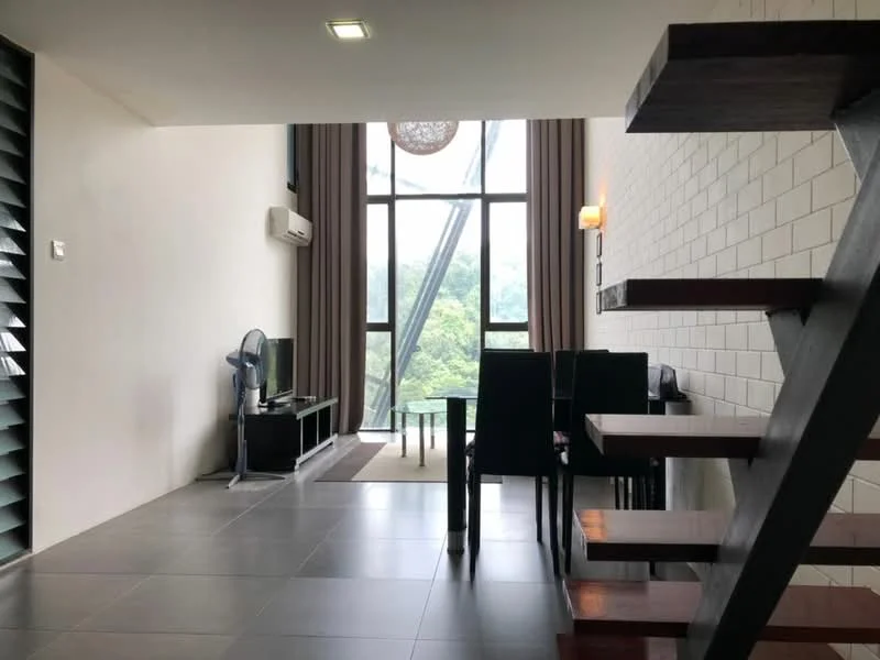 Living features: floor-to-ceiling windows, grey tiled flooring, white painted walls, exposed brick wall, wall-mounted TV, black TV console, dining table with black chairs, ceiling-mounted air conditioning unit, 5-blade ceiling fan, decorative wall sconce, area rug, view of greenery; style: modern; view: garden.
