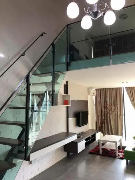 Living features: glass staircase with black metal railing, chandelier with multiple bulbs, wall-mounted TV, white TV console, black floating shelf, grey tiled flooring, large windows with sheer curtains, decorative plant in corner, red area rug with geometric pattern, air conditioning unit; style: modern.