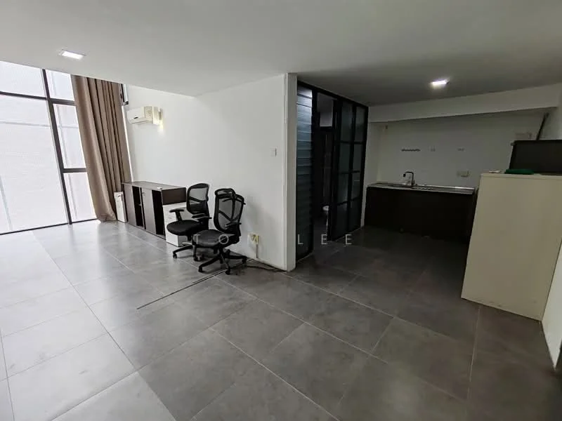 Living features: grey tile flooring, white painted walls, large floor-to-ceiling windows, sheer curtains, 2 office chairs, air conditioning unit, recessed LED downlights, open layout to kitchen, kitchen countertop, dark cabinetry; style: modern.