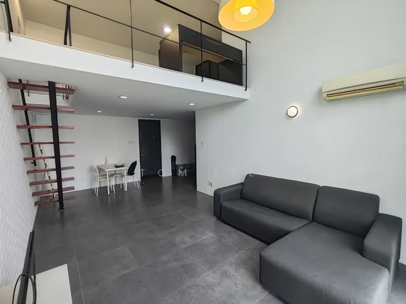 Living features: grey fabric sofa, black coffee table, wall-mounted TV, exposed brick wall, grey tile flooring, recessed downlights, 1 wall-mounted split AC, staircase with metal railing, open-plan layout, dining area with white chairs and table, high ceiling; style: modern.
