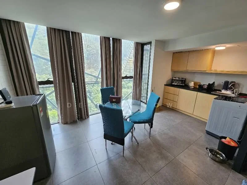 Kitchen features: grey tile flooring, white painted walls, floor-to-ceiling windows, curtains, round dining table, 4 upholstered dining chairs in blue, stainless-steel fridge, built-in oven, freestanding washing machine, kitchen countertop, kitchen cabinetry, microwave; style: modern; view: garden.