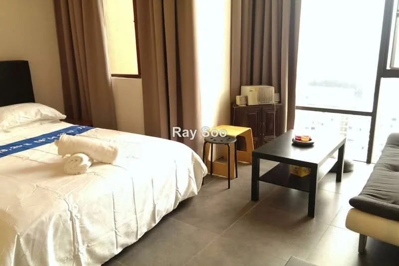 Bedroom features: queen-size bed with white bedding, black upholstered headboard, 2 white towels rolled on the bed, grey sofa, black coffee table, wooden side table, window with sheer curtains, grey tiled flooring, decorative bowl on coffee table; style: modern; view: city.