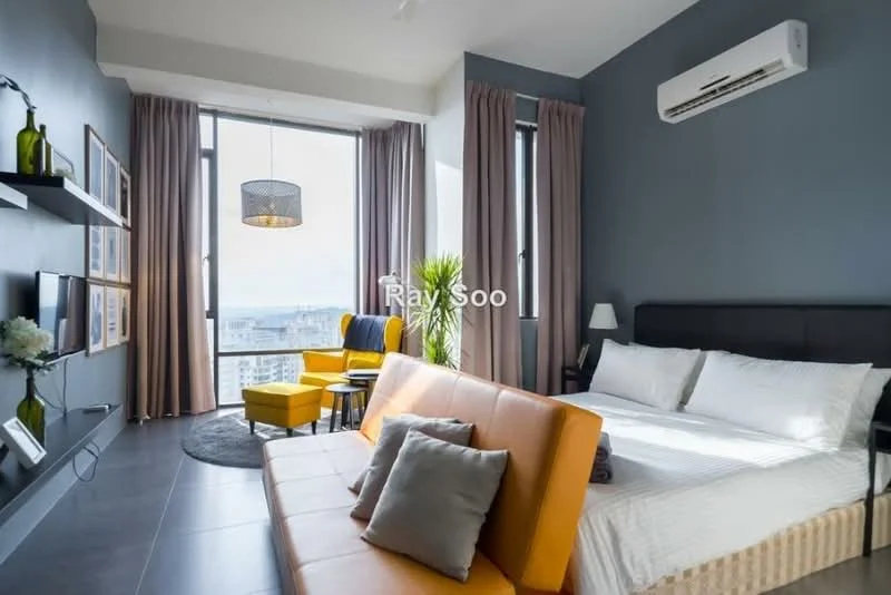Living features: grey accent wall, white painted walls, floor-to-ceiling windows, curtains in beige, sofa in orange, coffee table, armchair in yellow, decorative pillows, wall-mounted TV, shelf with decorative items, air conditioning unit, area rug in black; style: modern; view: city.