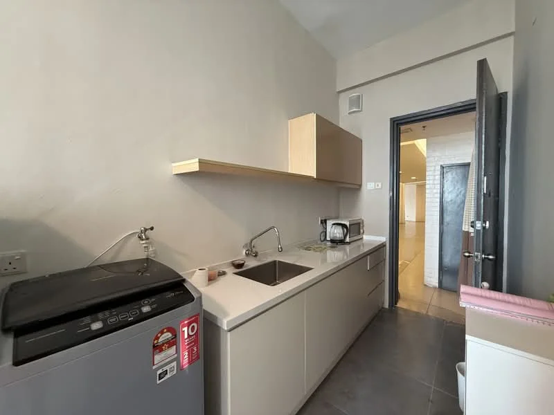 Kitchen features: single-bowl stainless-steel sink, chrome pull-down faucet, white cabinetry, open shelving, built-in microwave, washing machine, grey tile flooring, light grey painted walls, recessed downlights; style: modern.