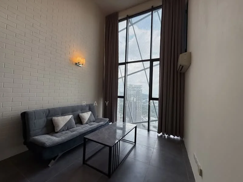 Living features: grey fabric sofa, coffee table, floor-to-ceiling windows, sheer curtains, white painted walls, exposed brick wall, recessed downlights, air conditioning unit, grey tile flooring; style: modern; view: city.
