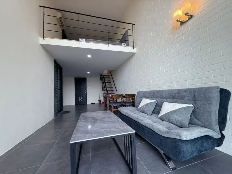 Living features: grey fabric sofa, marble coffee table, grey tiled flooring, white painted walls, exposed brick wall, recessed ceiling lights, staircase with wooden steps, dining table with chairs, floor-to-ceiling windows, open space with high ceiling; style: modern.