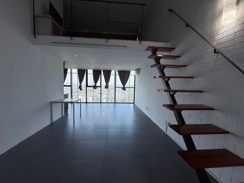 Living features: white painted walls, grey tile flooring, exposed brick wall, floor-to-ceiling windows, curtains, open staircase with wooden treads, metal railing, high ceiling, city view; style: modern; view: city.