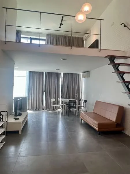 Living features: grey tile flooring, white painted walls, floor-to-ceiling windows, sheer curtains, 3-blade ceiling fan, sofa in brown leather, TV console, wall-mounted TV, dining table with chairs, staircase with metal railing, recessed downlights; style: modern.