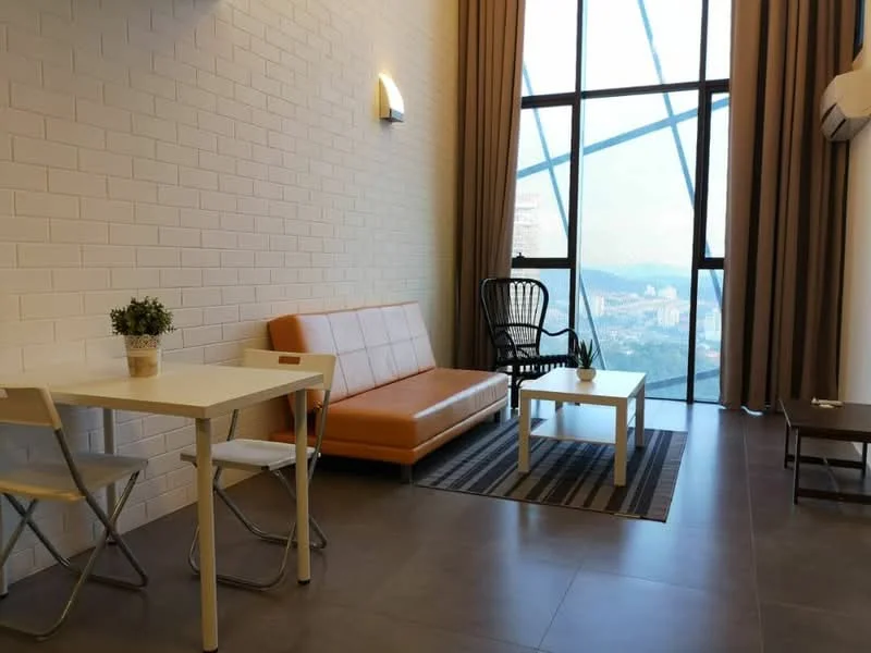Living features: orange leather sofa, black rattan chair, white coffee table, white dining table, 2 white chairs, area rug with geometric pattern, floor-to-ceiling windows, grey tiled flooring, white painted walls, curtains, decorative plant in pot, city view; style: modern; view: city.