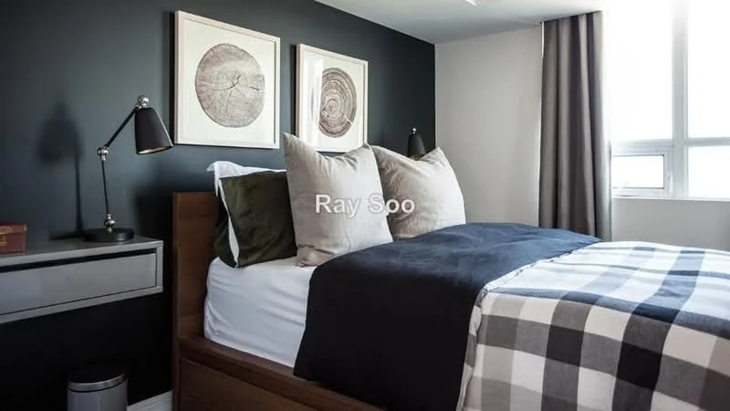 Bedroom features: queen-size bed, upholstered headboard, plaid bedspread, two decorative pillows, nightstand with drawer, table lamp with black shade, framed artwork on walls, grey curtains, window with natural light, wooden bed frame; style: modern.