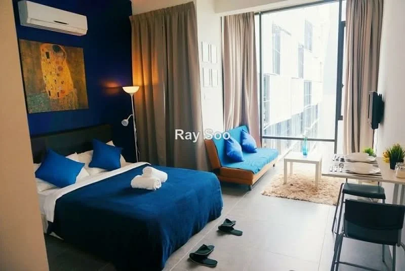 Bedroom features: king-size bed with white bedding, blue accent pillows, upholstered headboard, floor-to-ceiling windows, curtains in light brown, wall-mounted TV, sofa bed in orange, side table with lamp, decorative artwork on wall, grey tile flooring, air conditioning unit, slippers on floor; style: modern; view: city.