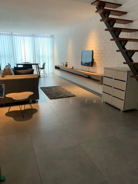 Living features: grey tiled flooring, white painted walls, exposed brick wall, wooden staircase, wall-mounted TV, floating wooden shelf, sofa in light grey fabric, coffee table with black legs, area rug with geometric pattern, dining table with chairs, floor-to-ceiling windows with sheer curtains; style: modern; view: city.