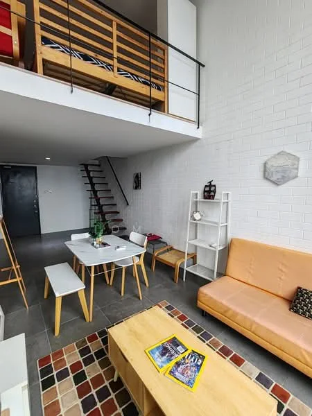 Living features: sofa in orange, coffee table, area rug with geometric pattern, dining table with white surface, wooden dining chairs, wooden bench, exposed brick walls, grey tile flooring, staircase with wooden railing, decorative wall art, potted plant; style: modern. Room features: lofted sleeping area with bed, wooden railing.