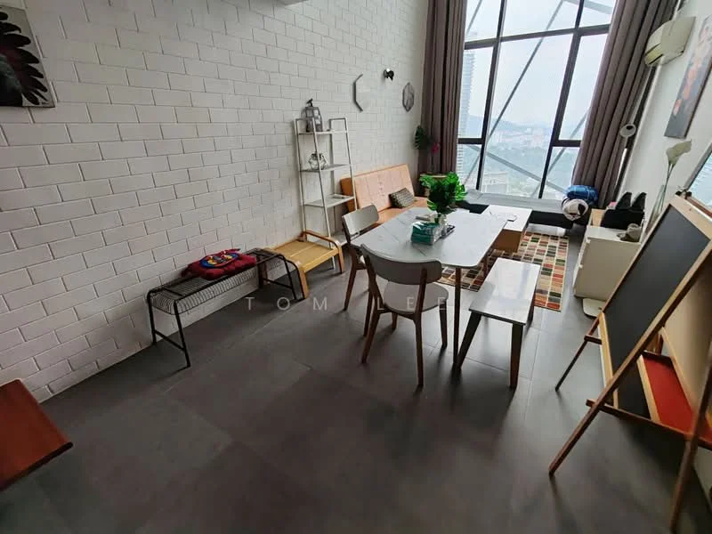 Living features: white painted walls, grey tile flooring, floor-to-ceiling windows, curtains, wooden dining table, wooden chairs, bench seating, area rug with geometric pattern, wall-mounted air conditioning unit, decorative wall shelf, blackboard, small side table; style: modern; view: city.