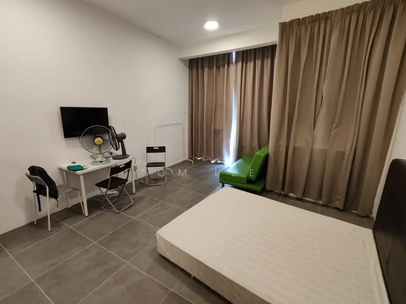 Bedroom features: grey tiled flooring, white painted walls, large window with sheer curtains, green fabric sofa, white desk with chair, black folding chair, wall-mounted TV, ceiling light, fan, unmade bed with mattress; style: modern.