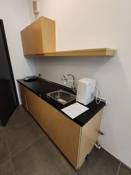 Kitchen features: black granite countertop, wood cabinetry with light finish, single-bowl stainless-steel sink, chrome faucet, built-in kitchen shelf, kitchen appliance (toaster), tile flooring, white walls; style: modern.