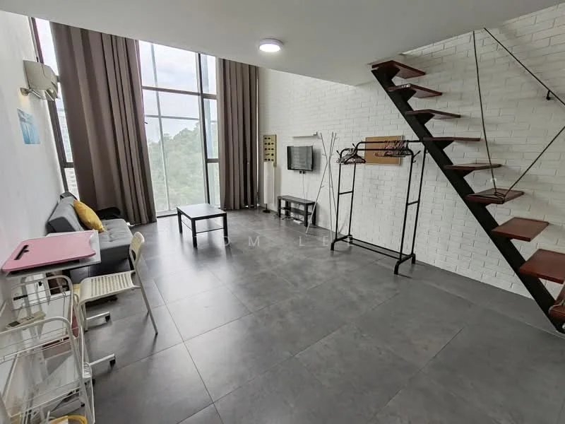 Living features: grey tiled flooring, white painted walls, floor-to-ceiling windows, sheer curtains, black metal staircase, wall-mounted TV, black TV console, sofa with yellow cushion, coffee table, open shelving unit, air conditioning unit; style: modern; view: garden.