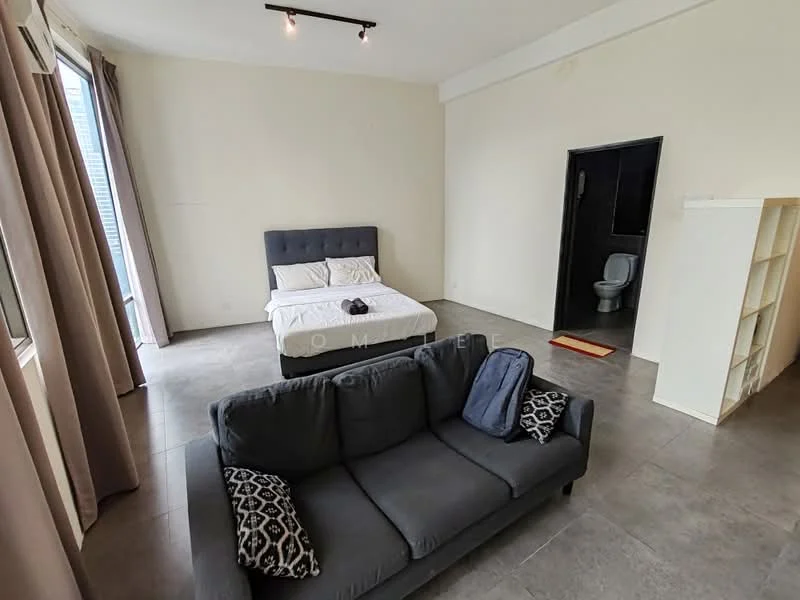 Living features: grey fabric sofa, 2-seater sofa, area rug, floor-to-ceiling windows, curtains, recessed lighting, tile flooring, neutral painted walls; style: modern. Bedroom features: queen-size bed, upholstered headboard, white bedding, nightstand, lampshade, neutral painted walls, tile flooring; style: modern. Bathroom features: one-piece toilet, neutral painted walls, tile flooring, shower area; style: modern.