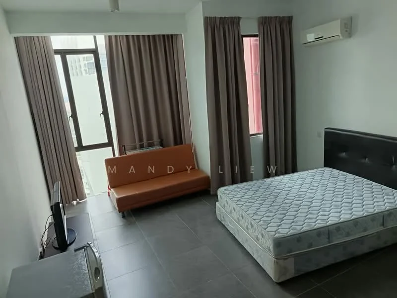 Bedroom features: queen-size bed, upholstered headboard, grey wall paint, floor-to-ceiling windows, brown curtains, orange fabric sofa, TV console, wall-mounted air conditioning unit, tile flooring, decorative wall art; style: modern.