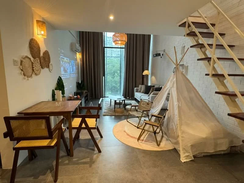 Living features: grey fabric sofa, round coffee table, area rug, floor-to-ceiling windows, curtains, wall-mounted TV, decorative wall art, indoor plants, wooden staircase, dining table with 4 chairs, tent structure, light fixture, wall sconces; style: modern; view: garden.