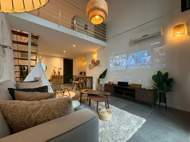 Living features: grey fabric sofa, decorative throw pillows, wooden coffee table, area rug, projector screen on wall, wall-mounted TV, built-in cabinetry, indoor plants, pendant lighting, recessed downlights, open staircase, textured wall decor, floor-to-ceiling windows, sliding glass door; style: modern. Kitchen features: open-plan layout, kitchen island, bar stools, stainless-steel appliances, white cabinetry, black countertop, backlit shelving; style: modern.