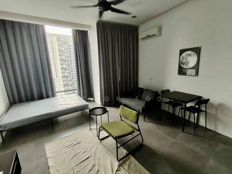 Living features: floor-to-ceiling windows, grey curtains, ceiling fan, light grey wall, dark grey tiled flooring, single bed frame without mattress, black sofa, black dining table, four black dining chairs, small round black side table, area rug with neutral color; style: modern; view: city.