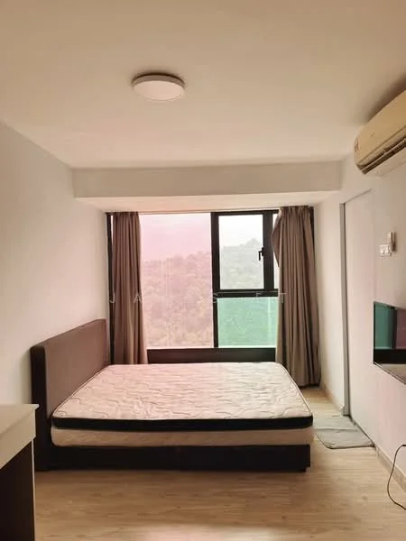 Bedroom features: queen-size bed, wooden flooring, white painted walls, floor-to-ceiling windows, sheer curtains, wall-mounted air conditioning unit, ceiling light fixture, TV console, decorative wall panel; style: modern; view: mountain.