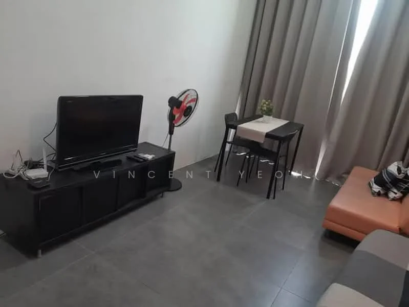 Living features: grey tiled flooring, white painted walls, floor-to-ceiling curtains, black TV console, wall-mounted TV, 2-seater orange sofa, black dining table with 4 chairs, decorative plant on table, standing fan; style: modern.