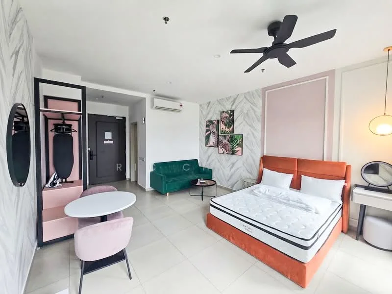 Bedroom features: king-size bed with upholstered headboard in orange, 2 white pillows on bed, green velvet sofa, round white dining table, 2 chairs in pink and grey, ceiling fan with 3 blades, wall-mounted mirror, decorative wall art with floral patterns, light-colored tiled flooring, air conditioning unit, built-in wardrobe, wall with marble pattern, neutral-colored accent wall; style: modern.
