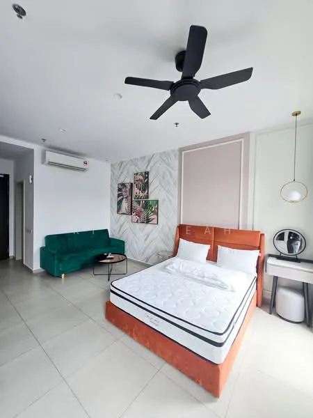 Bedroom features: queen-size bed, upholstered headboard, 2 white pillows, green fabric sofa, ceiling fan with 3 blades, wall-mounted air conditioning unit, decorative wall with herringbone pattern, framed artwork, light fixture, tile flooring; style: modern.