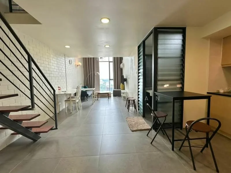 Living features: white painted walls, grey tile flooring, exposed brick accent wall, recessed downlights, large windows with city view, dining table with white chairs, black dining table with chairs, staircase with metal railing, area rug, curtains, open layout; style: modern; view: city.