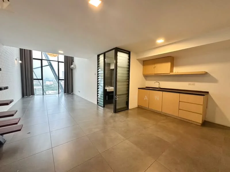 Living features: grey tiled flooring, white painted walls, floor-to-ceiling windows, black-framed glass partition, kitchenette with wooden cabinetry, single-bowl stainless-steel sink, chrome pull-down faucet, open layout, recessed downlights, curtains, view of city skyline; style: modern; view: city.