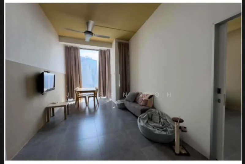 Living features: grey fabric sofa, wooden coffee table, wall-mounted TV, floor-to-ceiling windows, sheer curtains, 5-blade ceiling fan, light grey tiled flooring, bean bag chair, decorative floor lamp; style: modern; view: city.