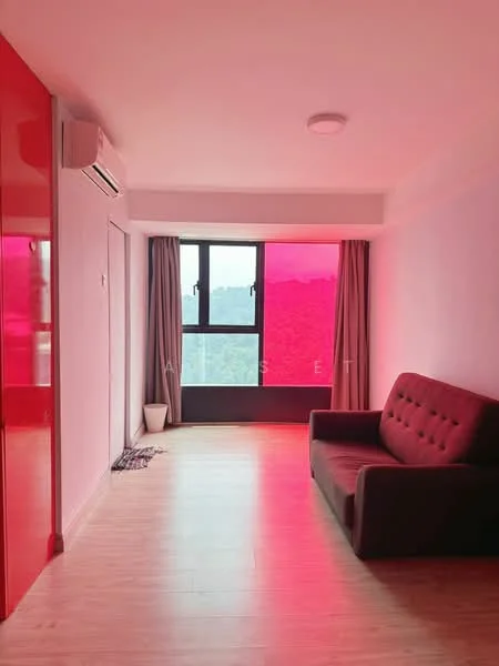 Living features: red accent wall, light pink painted walls, laminate flooring, floor-to-ceiling windows, curtains, sofa in dark red, wall-mounted air conditioning unit, ceiling light; style: modern; view: mountain.