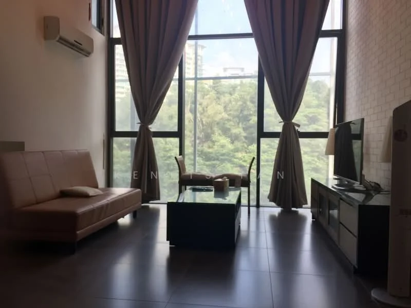 Living features: floor-to-ceiling windows, beige leather sofa, glass coffee table, TV console, wall-mounted TV, air conditioning unit, curtains, grey tile flooring, decorative wall with white brick pattern; style: modern; view: garden.