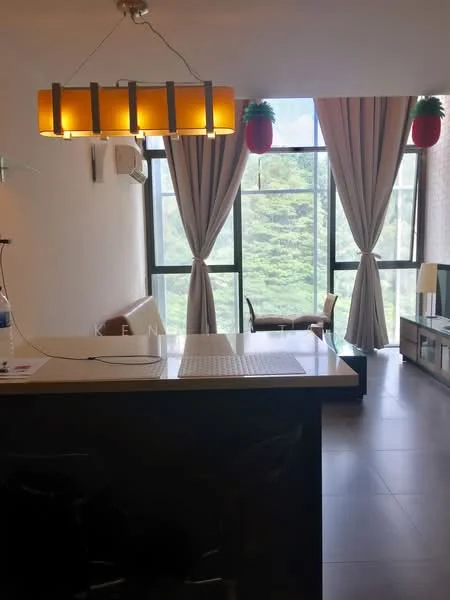 Living features: floor-to-ceiling windows, sheer curtains, 2-tone pendant light fixture, sofa, coffee table, TV console, decorative plants, grey tiled flooring, air conditioning unit; style: modern; view: garden.