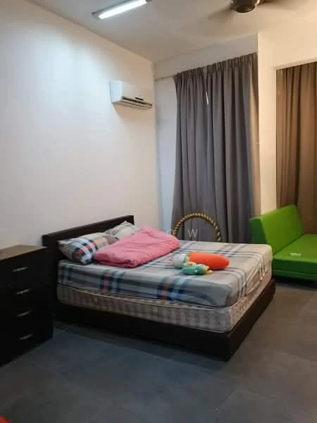 Bedroom features: queen-size bed with mattress, pink bedding, black wooden bed frame, 2 bedside pillows, green sofa bed, black dresser with drawers, floor-to-ceiling curtains in grey, wall-mounted air conditioning unit, recessed ceiling lights, grey tiled flooring; style: modern.