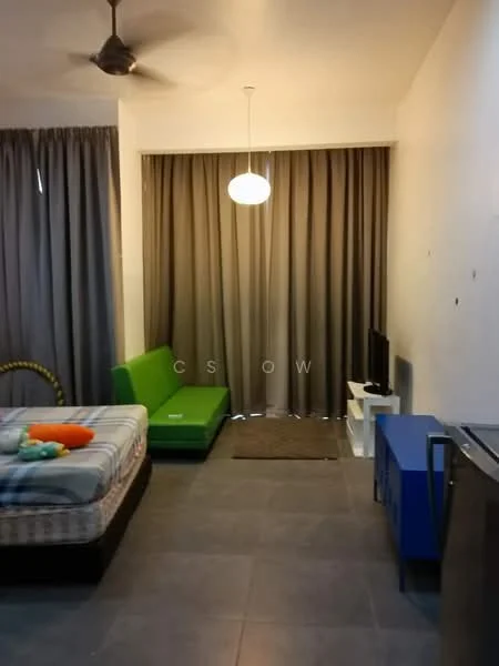 Living features: green fabric sofa, single bed with patterned bedding, TV console, wall-mounted TV, pendant light, floor-to-ceiling curtains, grey tile flooring, area rug, ceiling fan; style: modern.