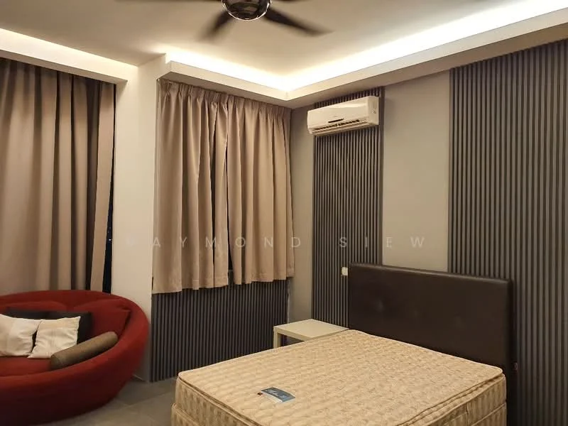 Bedroom features: queen-size bed, upholstered headboard, 2 bedside tables, red fabric accent chair, floor-to-ceiling curtains in beige, wall-mounted split AC, recessed LED downlights, textured wall panels, wooden flooring; style: modern.