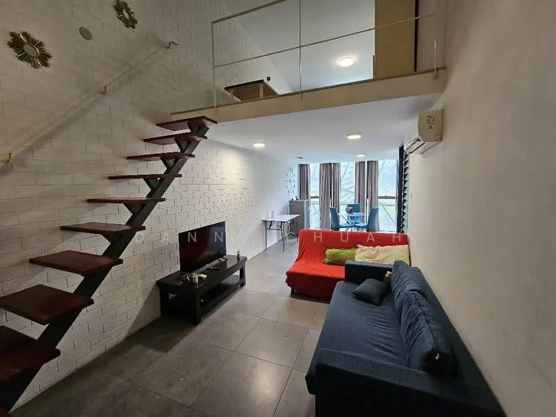 Living features: white painted walls, exposed brick wall, grey tile flooring, sofa in blue, red fabric sofa, coffee table, TV console, ceiling lights, staircase with wooden steps, floor-to-ceiling windows with curtains, air conditioning unit; style: modern.