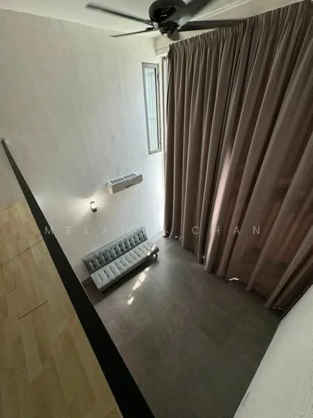 Room features: grey tiled flooring, white painted walls, floor-to-ceiling windows, long grey curtains, 1 ceiling fan, sofa with tufted design, air conditioning unit on wall, natural light from windows; style: modern.