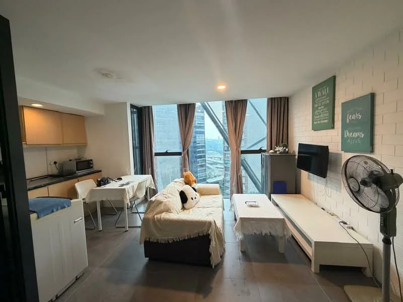 Living features: floor-to-ceiling windows, grey tiled flooring, white painted walls, sofa with throw blanket, coffee table, wall-mounted TV, TV console, ceiling fan, decorative wall art, dining table with chairs, kitchenette with cabinets, microwave, open layout; style: modern; view: city.