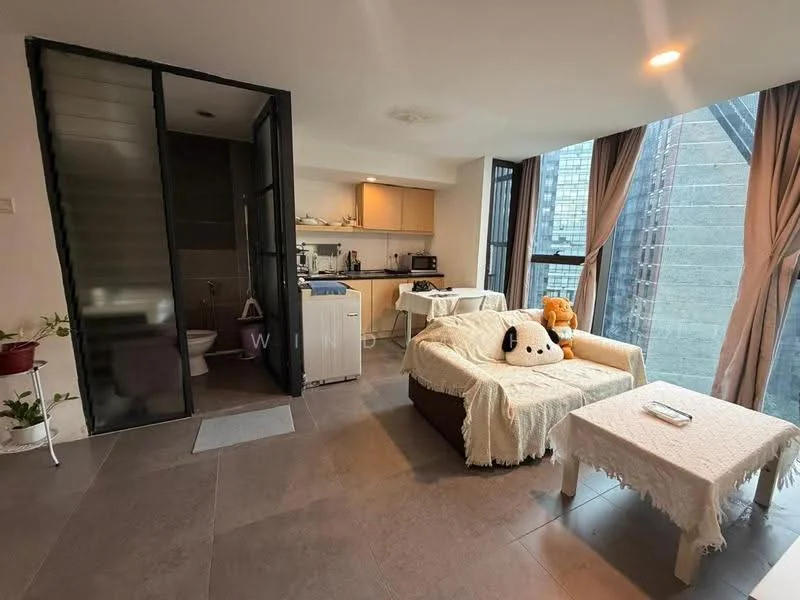 Living features: sofa with throw blanket, coffee table, floor-to-ceiling windows, curtains, decorative plants, tile flooring, wall-mounted TV, area rug; style: modern; view: city. Kitchen features: kitchen cabinets, countertop, built-in microwave, stainless-steel sink, kitchen appliances, tile backsplash; style: modern. Bathroom features: toilet, sink, mirror, tile flooring, shower area; style: modern.