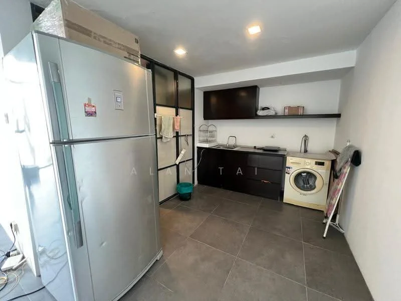 Kitchen features: stainless-steel fridge, built-in oven, single-bowl stainless-steel sink, chrome pull-down faucet, black cabinetry, white countertop, washing machine, grey tile flooring, recessed downlights, open shelving, wall-mounted cabinet, dish rack; style: modern.