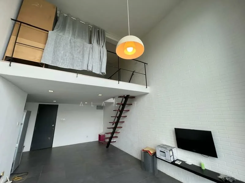 Living features: grey tile flooring, white painted walls, exposed brick wall, staircase with wooden steps and metal railing, ceiling light fixture, wall-mounted TV, shelf unit, open loft area with curtain, large windows, minimalist decor; style: modern.